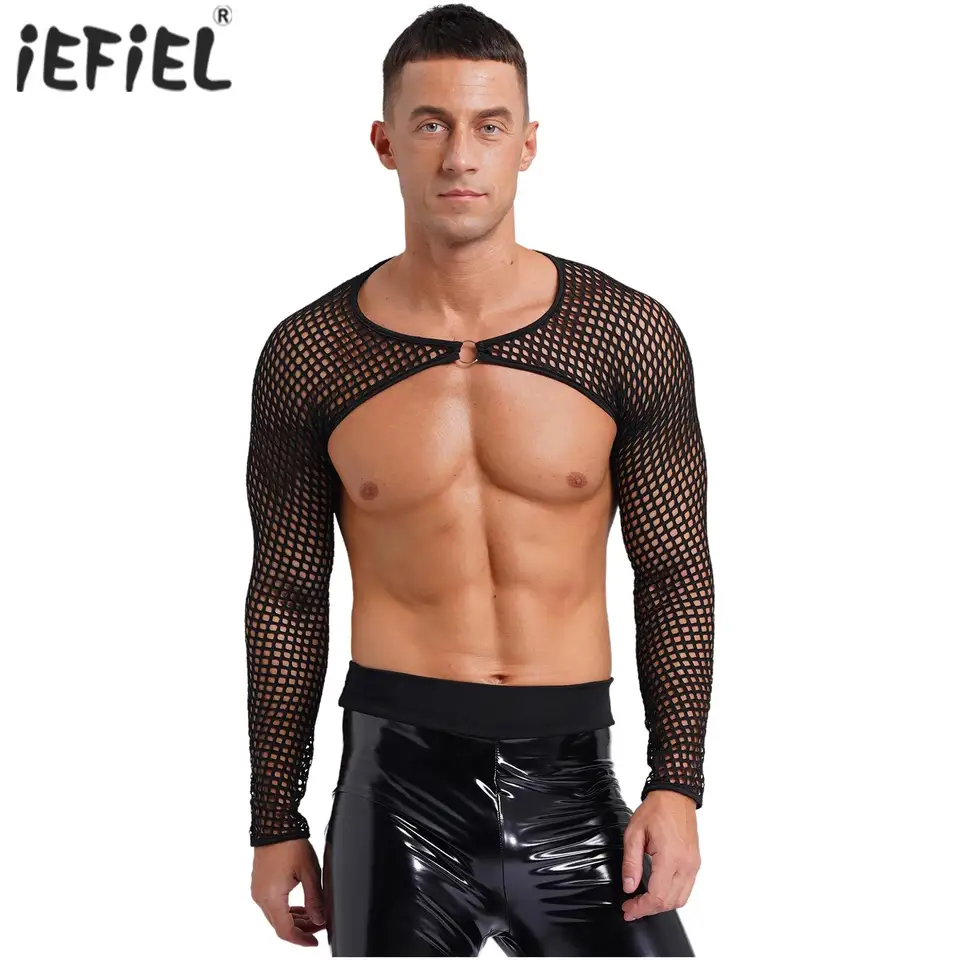 Pánske topánky Tops Dutlow Out FishNet Crop Top-through Cover Ups O Ring Round Brck Tričko s dlhým rukávom pre klubové večierky
