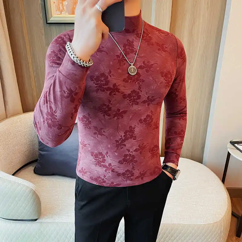 Pánske tričká Jeseň Winter Winter Turtleneck Stylish Print Elastic s dlhým rukávom tričká pre mužov Kórejský luxusný štíhly fit tričko 4xl