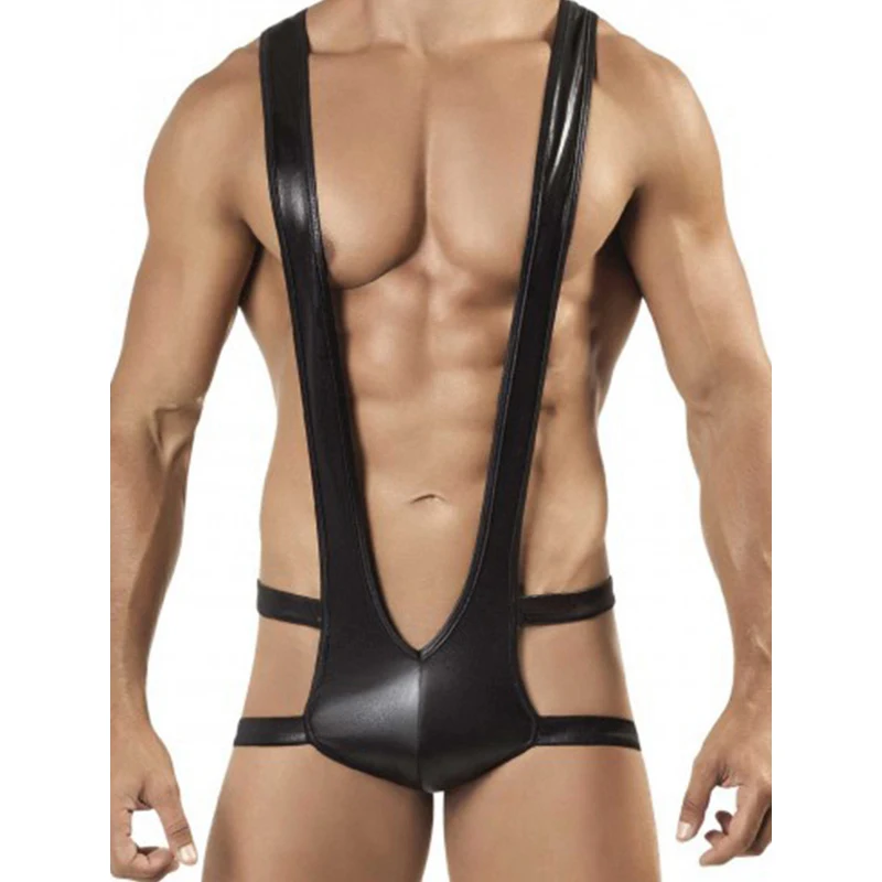 Pánske vinyl wrestling singlet spodná bielizeň BodySuit Petouch-Short Sexy muž vystrihnite plyšové spodné prádlo erotické spodná bielizeň m-xxl