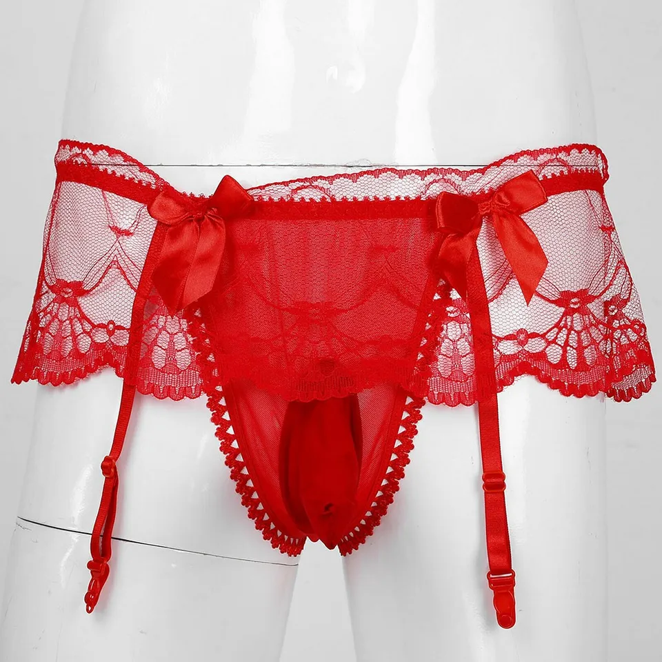 Pánske vyduté vreckové nohavičky bikiny spodná bielizeň číre čipky s podväzkovým sissy mužom sexy g-strings tangá