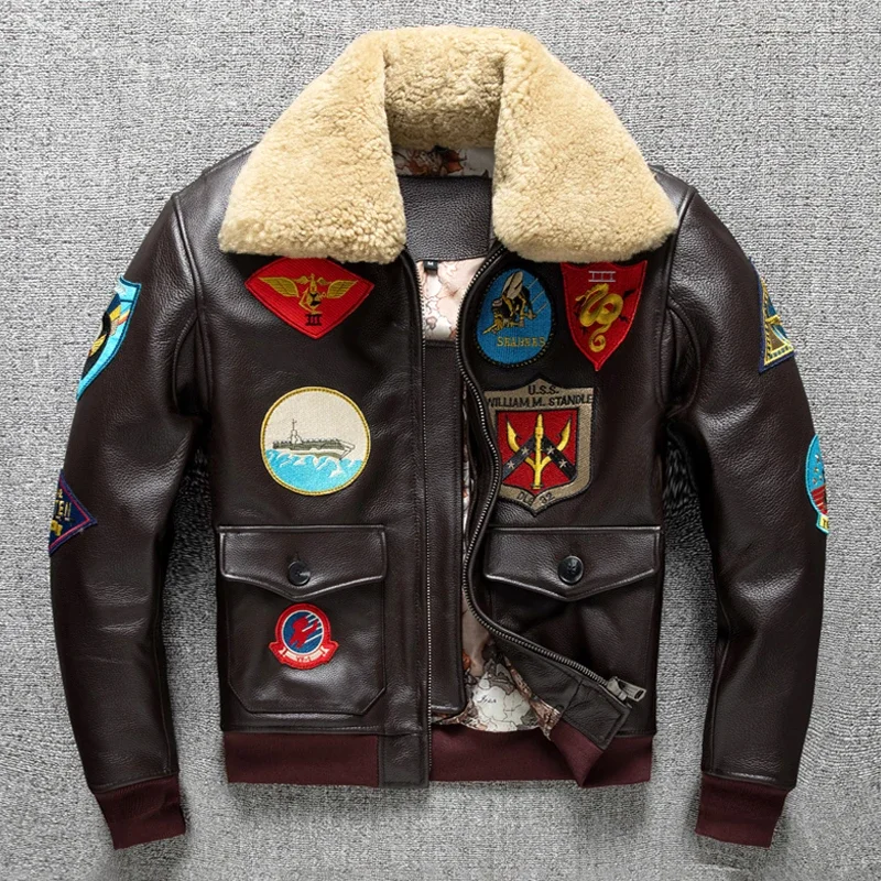 Pánske vysoko kvalitné pravé kravské kožené bunda G1 Pilot Pilot Vintage letecké bundy teplý kožušinový obojok vrchný pištoľ Rovnaký štýl