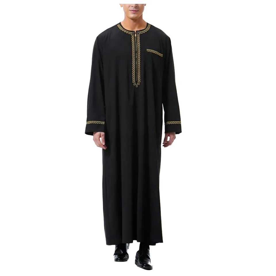 Pánske vyšívané moslimské šaty moslimské rúcho arabské stredné rúcho s dlhým rukávom okrúhly krk dlhý kaftan arabské moslimské saudské šaty