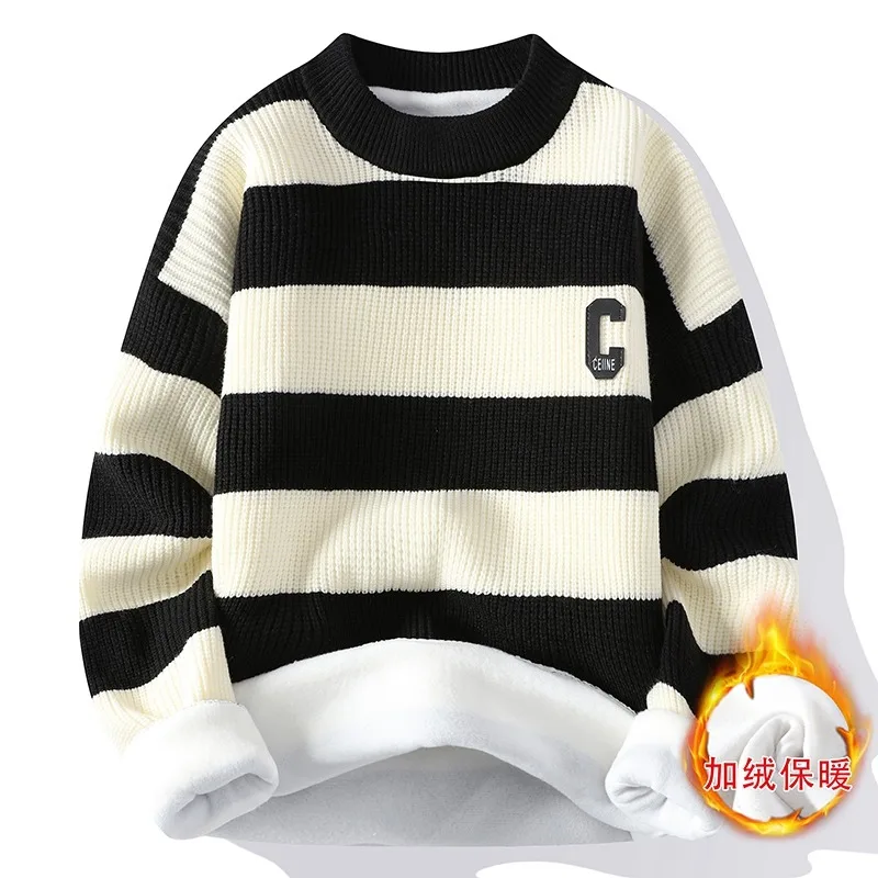 Pánske zimné pruhové prúžky Sweater Pánske neformálne štíhle zahusťované fleecové teplé okrúhle okrúhle svetlo Sweater Street Outdoor Trend Mikina