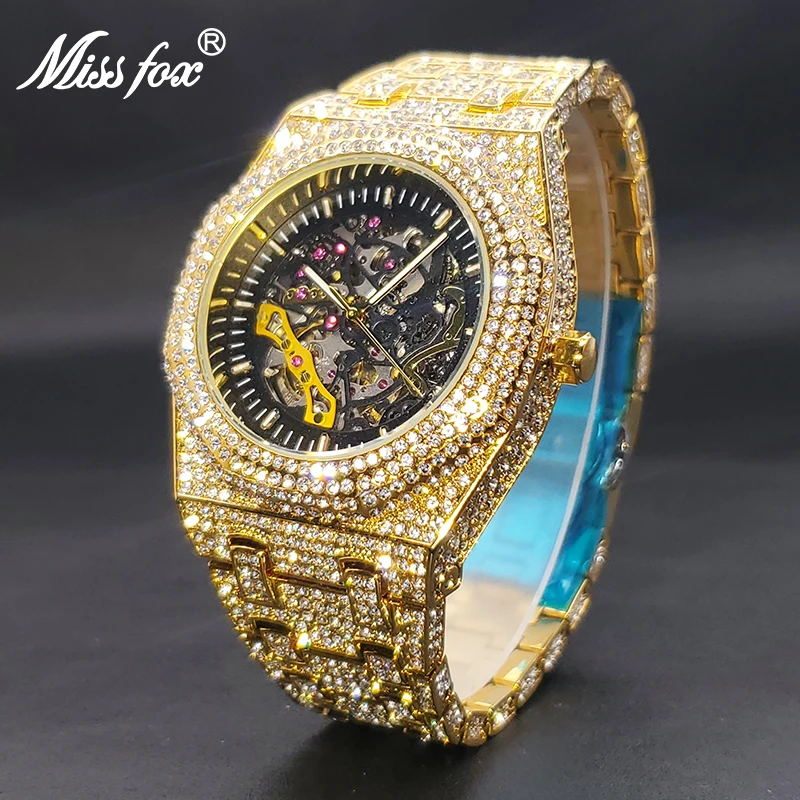 Pánske zlaté oktagonové mechaincal hodinky Plné zirkón Big Hip Hop Fashion Módne vodotesné automatické náramkové hodinky pre muža dropshipping