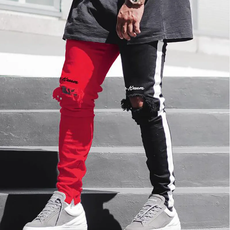 Pánske červené červené patch steh džínsové nohavice Jeseň nová noha zips roztrhané džínsy hip hop vintage Skinny Jeans Man Techwear štýl Jean