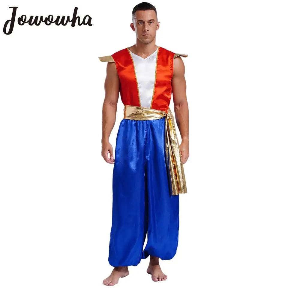 Pánsky arabský princ kostým Halloween Aladin Mythical Cosplay Carnival Outfit Satin Satin Suinsuit s kovovým lesklým pásom