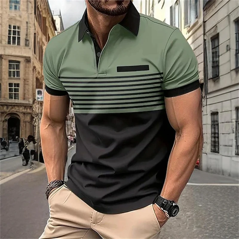 Pánsky farebný blok tlač s krátkym rukávom Golf Golf Tirl Summer Casy Daily Daily Business Style zrelý očarujúci muž nevyhnutné topy