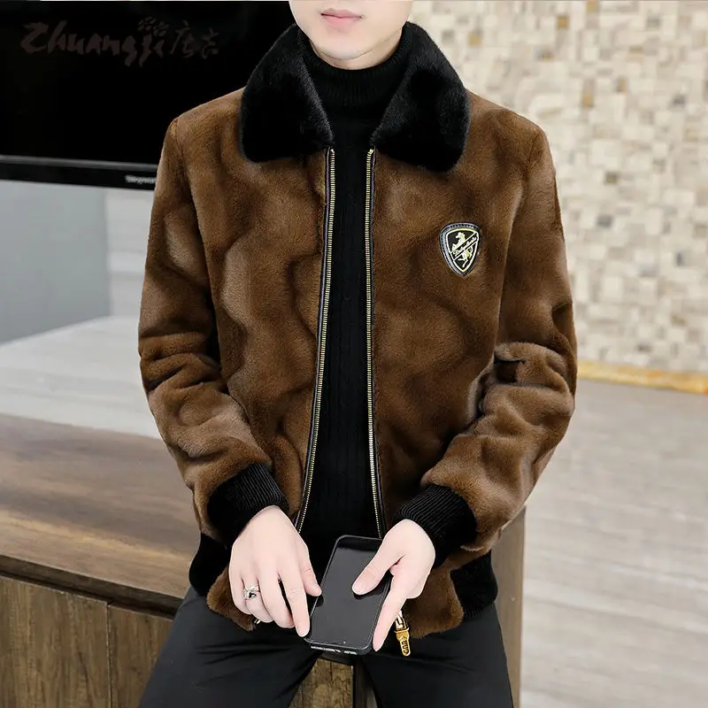 Pánsky faux Mink kožuch, štíhly bunda, krátke odevy, teplý, špičkový, mladý a stredný veter