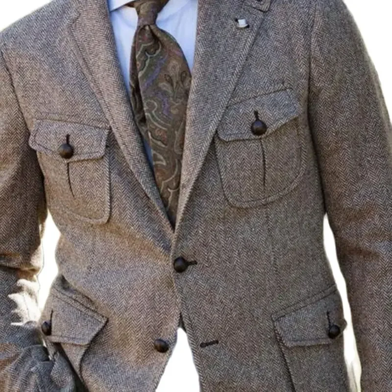 Pánsky oblek hnedý rybie kosť sako Prom Tuxedos Wool Tweed Single Breased Two Buttons Bussiness/Svadobná bunda (iba kabát)