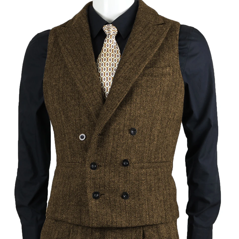 Pánsky oblek vesta sleď sleď kosti Tweed Slim Fit Vese Cat Double Breased Beat bez rukávov na svadbu