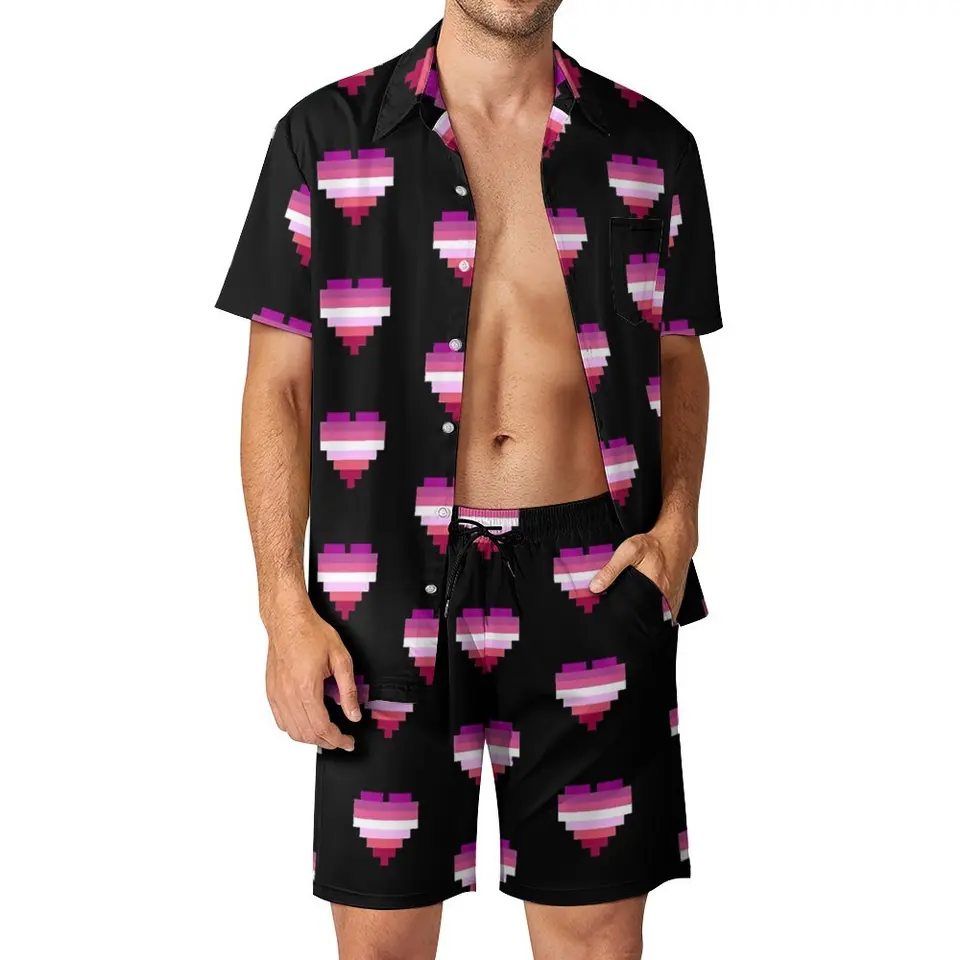 Pánsky plážový oblek lesbická pýcha Vlajka Pixel Heart Gamer Garbing Darček 2 kusy Pantdress Vysoko kvalitná domáca klasika