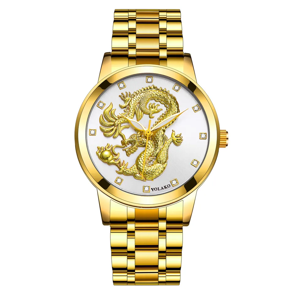 Pánsky rok Loong módne vzory hodinky Luxusný zlatý drak totem totem z nehrdzavejúcej ocele Quartz hodinky reloj Caballero