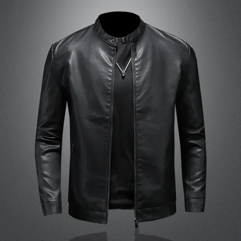 Pánsky stojatý golier Jeseň a zimné kožené oblečenie Imitácia vodná kožená bunda Kórejská verzia Slim Fit Solid Color Coat