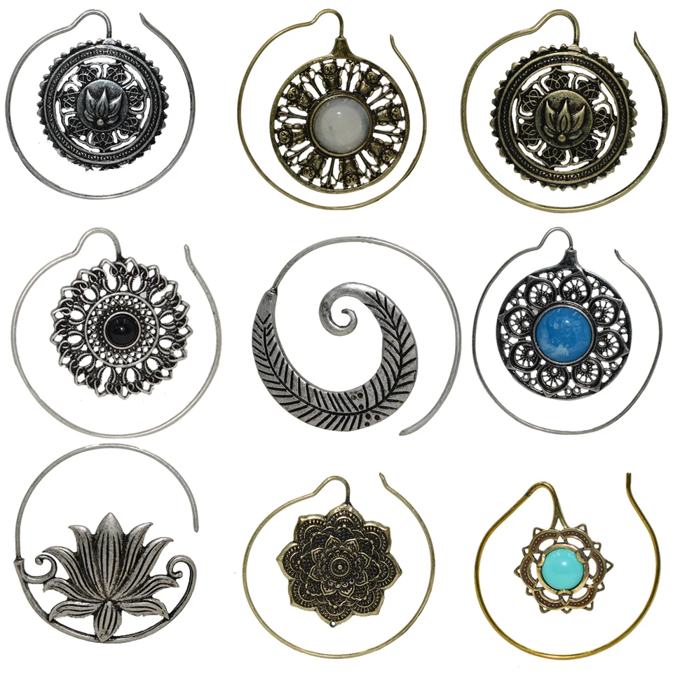Pár módne mosadzné kmeňové indické ucho Stud Stud očarujúci lotos kvet vintage Surya obruč špirála špirála kvapky náušnice Piercing