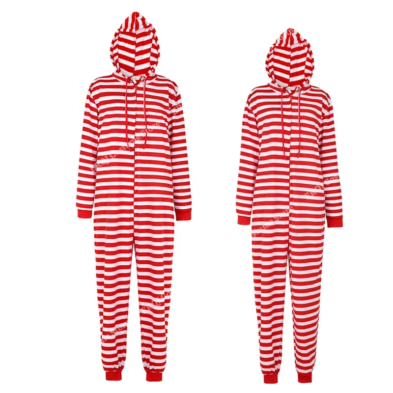Pár Onesie Plus veľkosť vianočných pyžamových pyžamových červených a bielych pruhovaných pre dospelých so zipsom kombinézy s kapucňou Sleewear VS16513