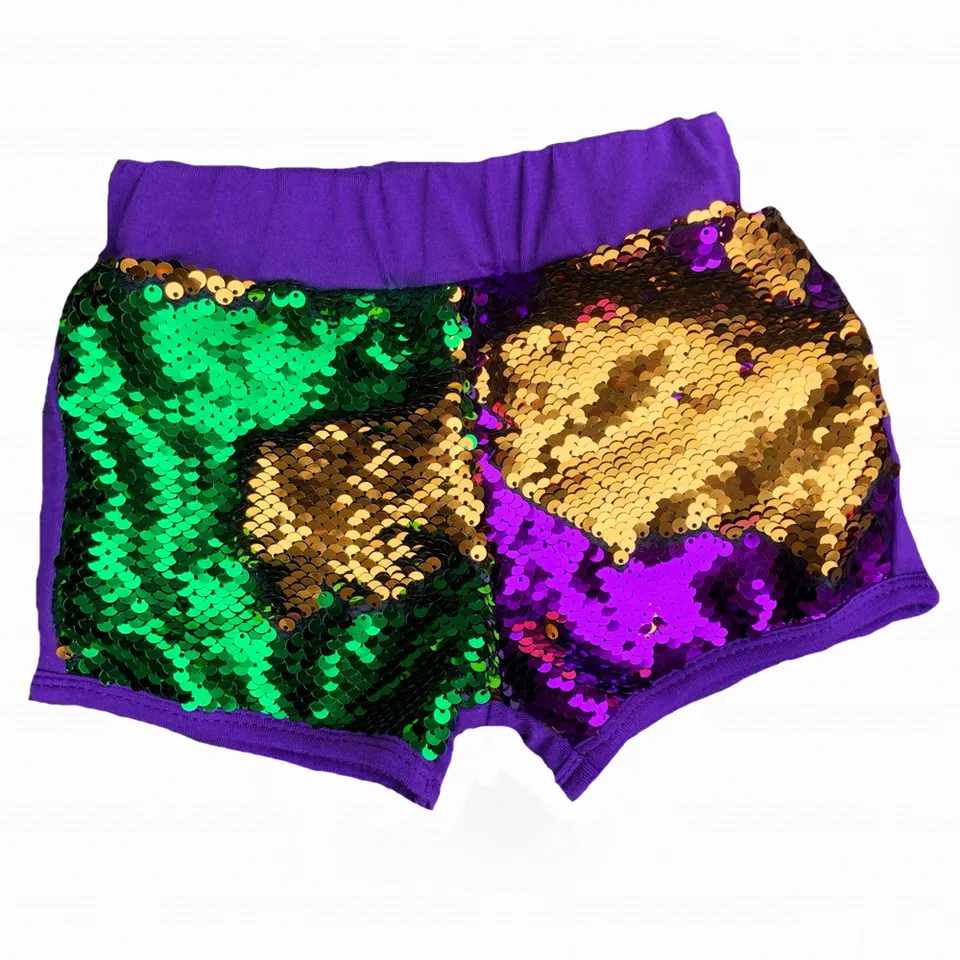 Párty narodeniny outfit mardi gras fialové zelené zlaté flitry dievčenské šortky