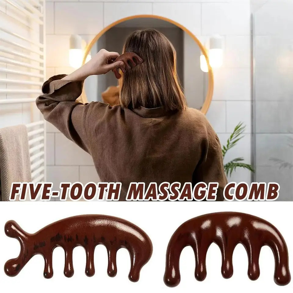 Päť zubov santalové drevo masážne hrebeňové terapia Meridian Handle bez akupunktúrneho bodu relaxačný hrebeň Škrabanie hlavy Wood O7D5