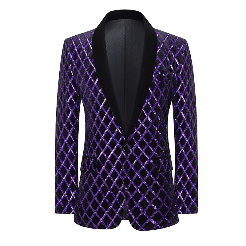 Pódiové trblietky Blazers Performance oblečenie pánske flitrové kockované pódiá Speváci moderátori Velvet Suck Bunda Tailcoat Purple Tuxedo