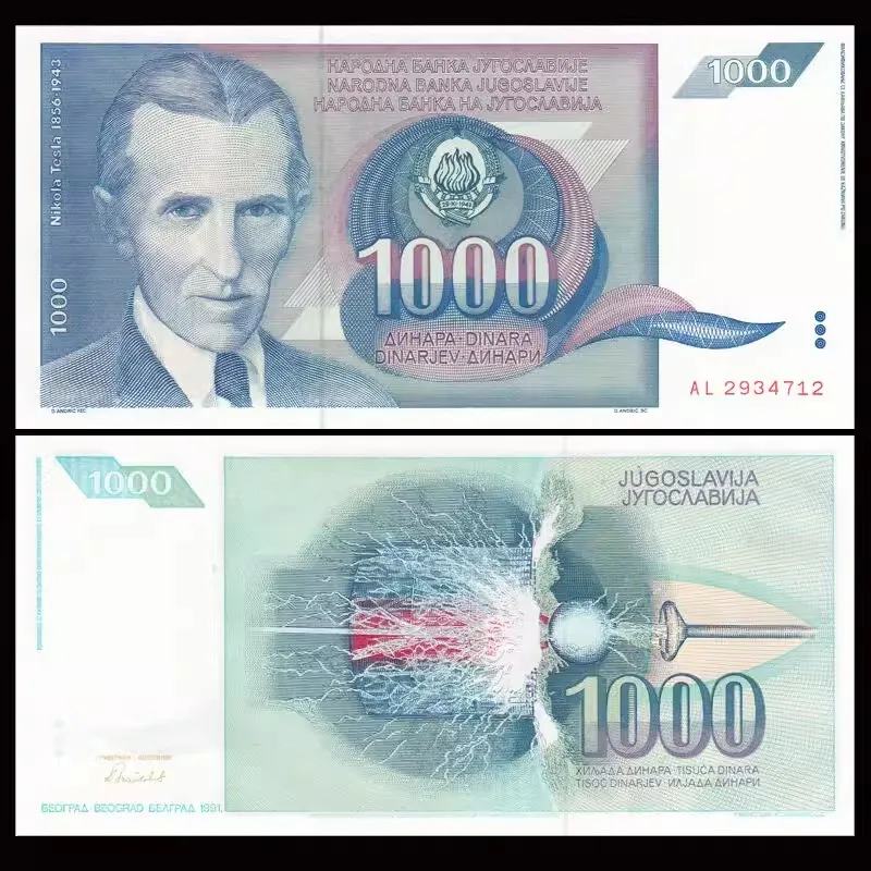 Pôvodná Juhoslávia 1000 Dinar Old Paper Money 1991 UNC necitobil Nikola Tesla