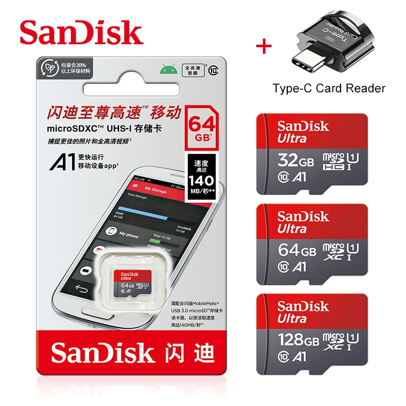 Pôvodná pamäťová karta Sandisk A1 256 GB 128 GB 64 GB 100 MB/S 32 GB Micro SD Card Class10 UHS-1 Flash MicrosD TF + čítačka kariet typu-C kariet