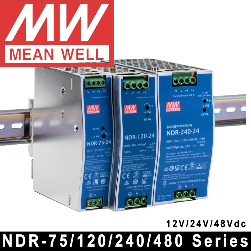 Pôvodná priemerná studňa NDR-75/120/240/480 Series Meanwell 12V 24V 48VDC Single Output Industrial DIN Rail Power