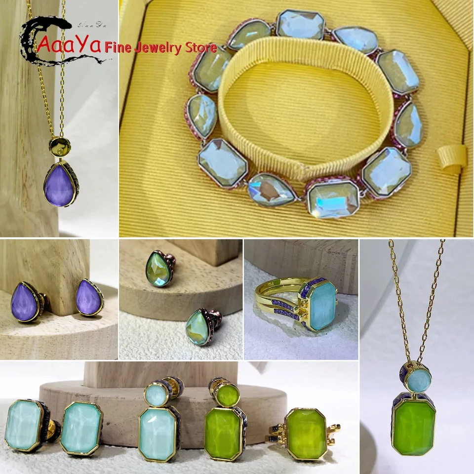 Pôvodný 2025 Octagon Cut Blue Crystal Fashion Fine Jewelry Set Charm Geometrický zelený náhrdelník prsteň náušnice Romantický darček
