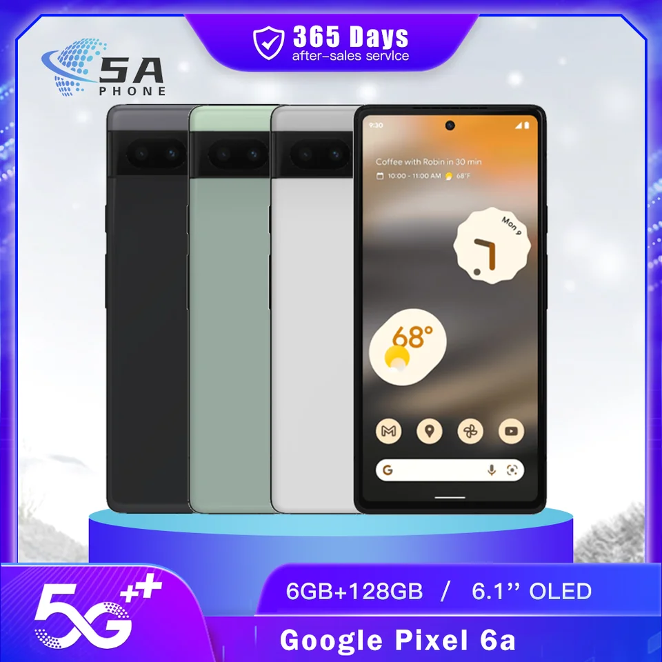 Pôvodný mobilný telefón Google Pixel 6a 5G NFC 6.1 '' OLED 6GB RAM 128 GB ROM 12.2MP+8MP TENSORNÝ SMARTPRON OCTA-CORE
