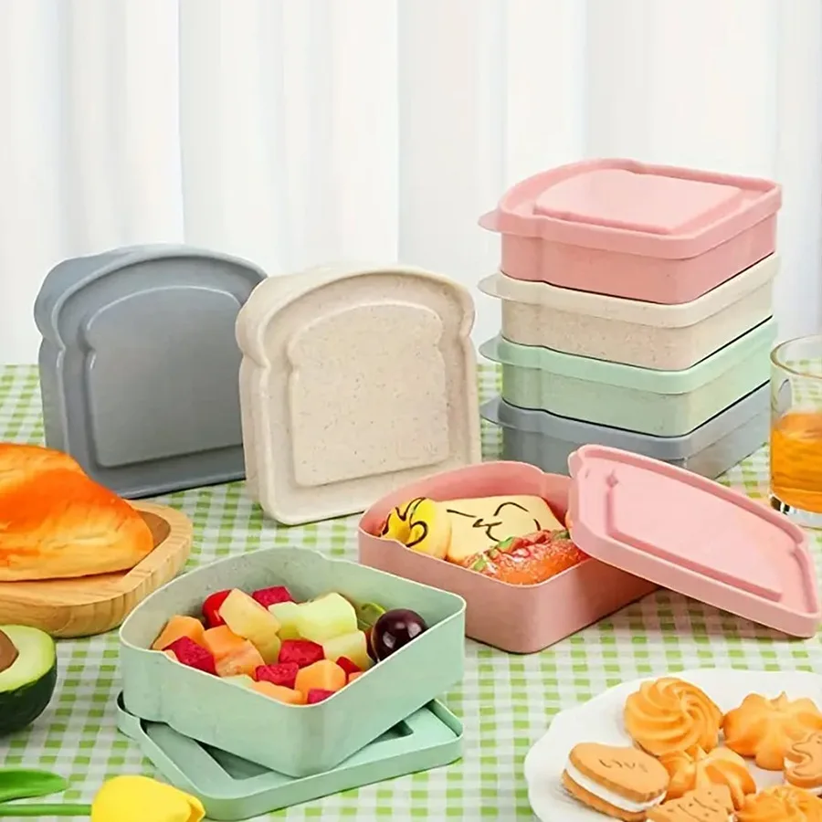 Pšeničná slama Prenosná obedová škatuľka v tvare toastu s vekom sendvič s sendvičom opakovane použiteľná kuchyňa prípravné úložné nádoby Skladovacie skrinky