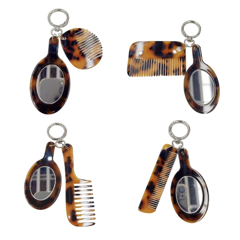 Q0Ke Leopard Print Acetát Comb Keychain s príslušenstvom keyringu Mirror Stylish Keyring