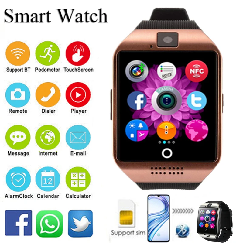 Q18 Fashion Clock Smartwatch Men Ženy Podporujú sim TF karta hovoru tlač Push Message Camera Bluetooth Connectivity Smart Watches Android