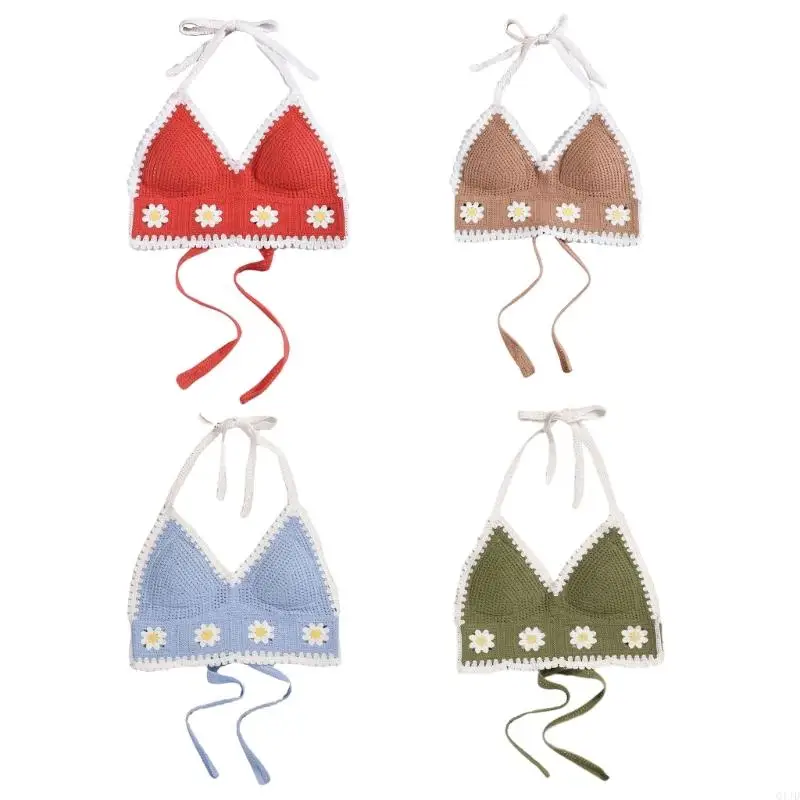 Q1JD Trendy Summer Bralette Cami Polded Crochet Boho for Women Girl