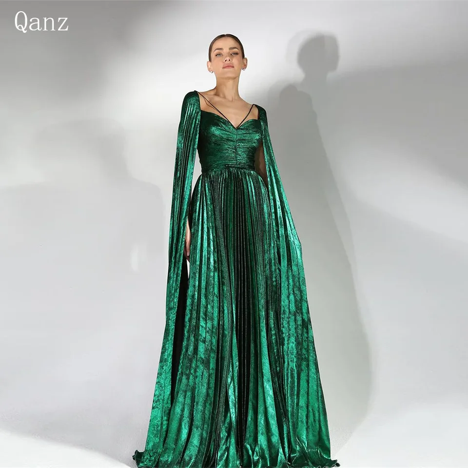 Qanz Emerald Green Elegantné večerné šaty Long Roups de Soirée Cap rukávy Vestidos de noche para mjer prispôsobený prispôsobený