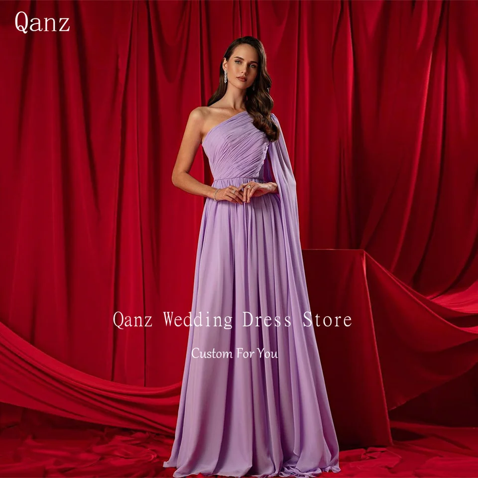 Qanz Lilac One rameno večerné šaty dlhé šifónové elegantné ženy Prom šaty Saudská Arábia formálne šaty šaty prispôsobené