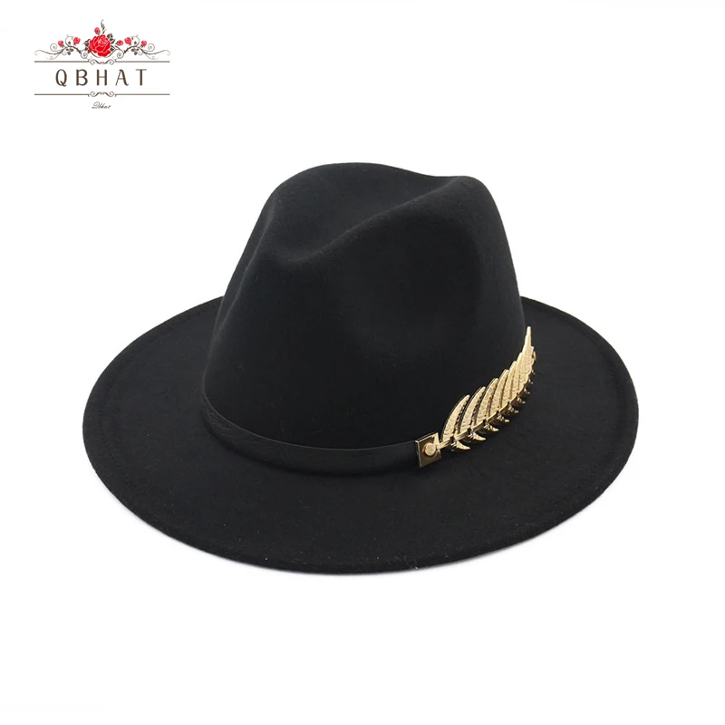 Qbhat Trend Men Dámske vlna Felt Panama klobúk fedora čiapky s kovovými listami kožená kapela jazz trilby čiapka biele zelené žlté klobúky