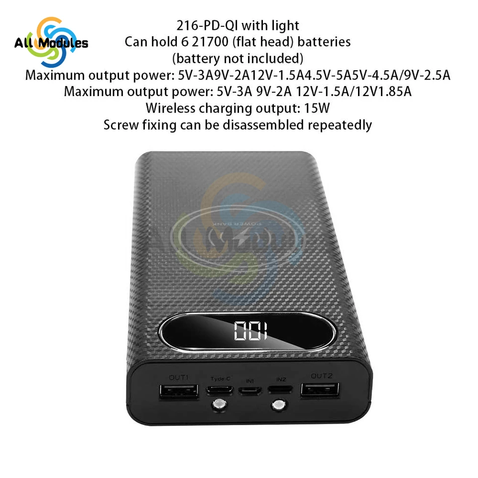 QC3.0 5V 9V 12V Odnímateľný 6-sekcia 21700 Power Bank 18650 Puzdro lítium držiaka batérií Obojsmerná rýchla nabíjačka Shell DIY Kit