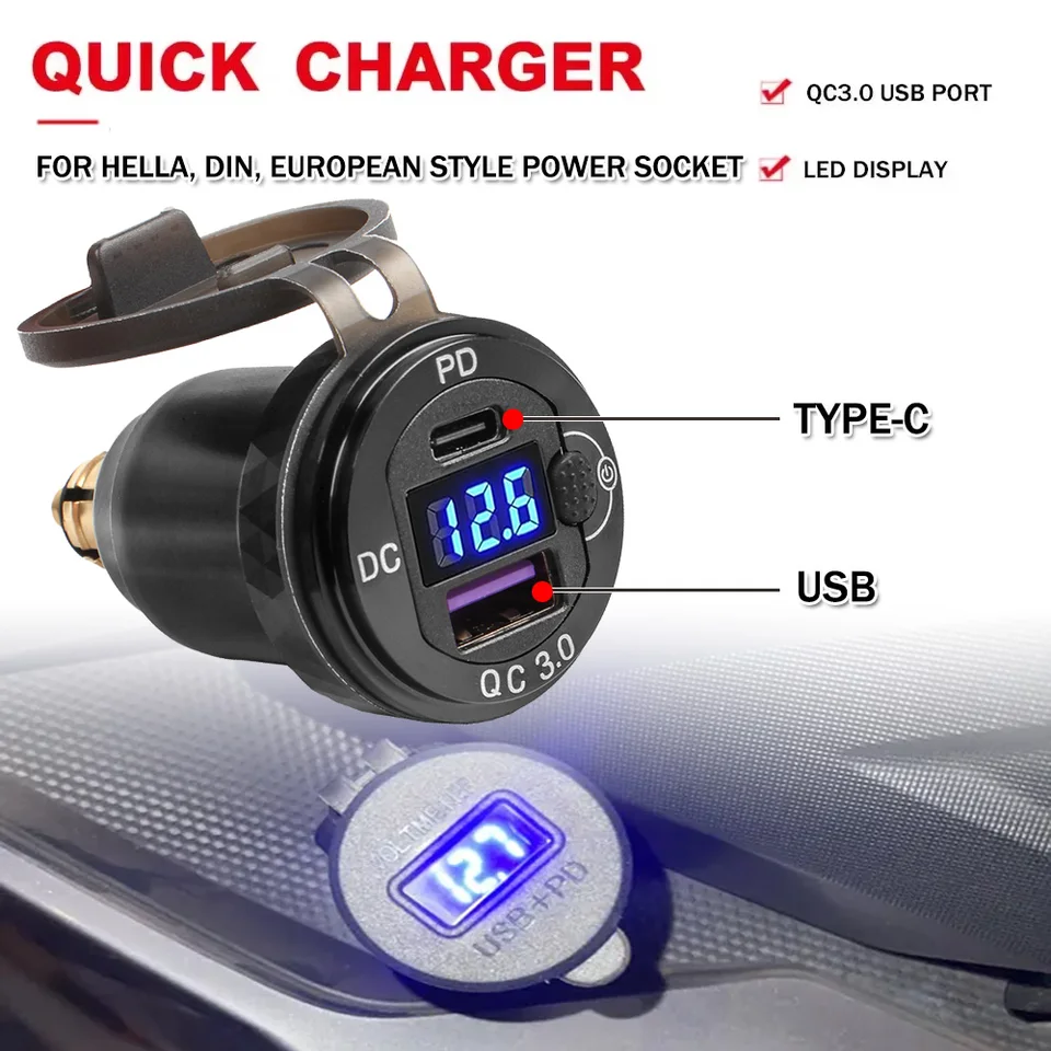 QC3.0 Motocykel USB Typ C Rýchla nabíjačka Power Adapter Hella Din zásuvka pre BMW R1250GS R1200GS Adventure Adv pre Ducati