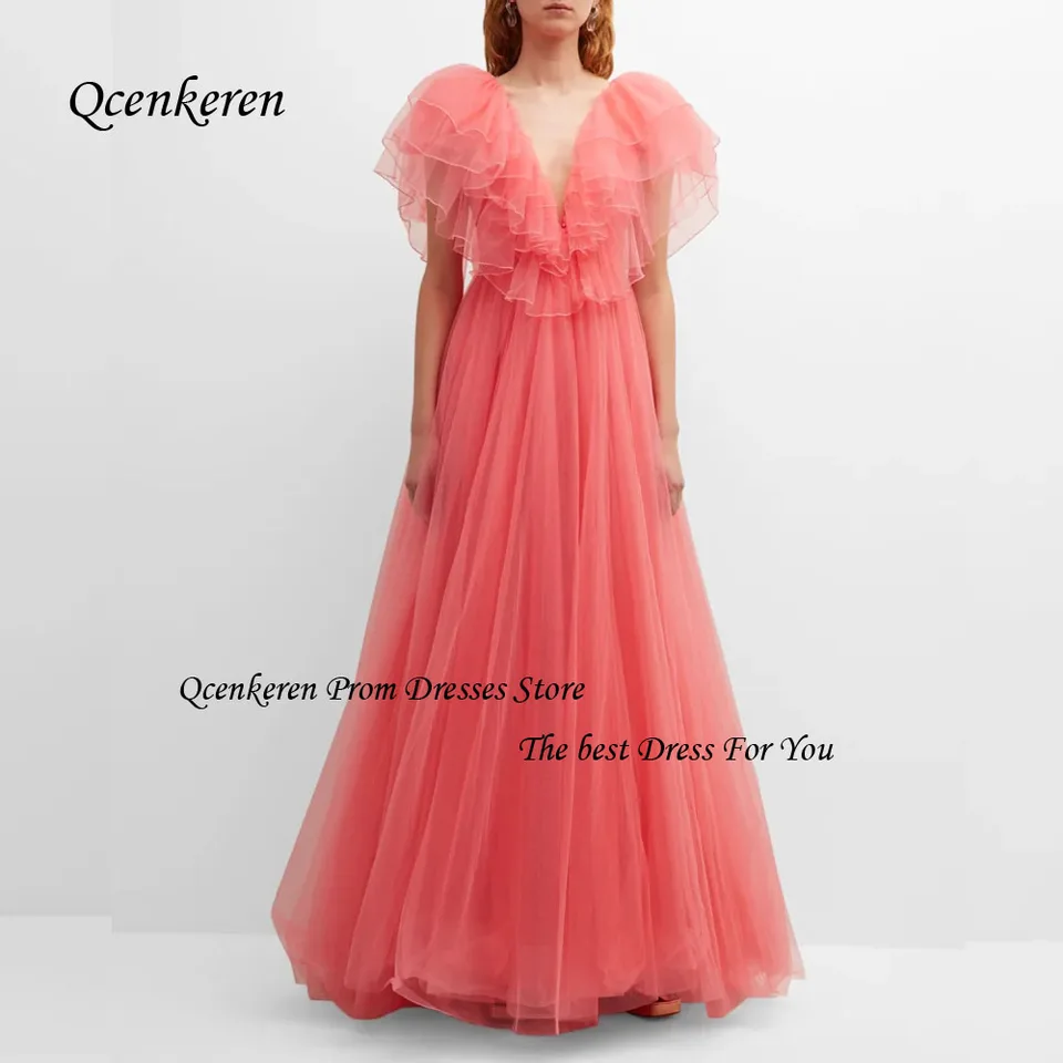 QCenkern Watermelon Red V-krk na plesový šaty tyl Tulle A-Line Formálne večerné šaty podlahové dĺžky s krátkym rukávom Dubaj Nádherné šaty