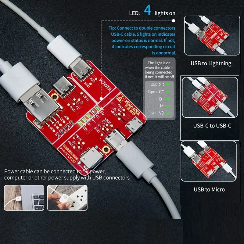 Qianli Quanli mega nápady detekcia káblov Tester doska USB osvetlenie typu C Micro USB V8 Testovanie nástroja na testovanie nástroja Otvorené krátke