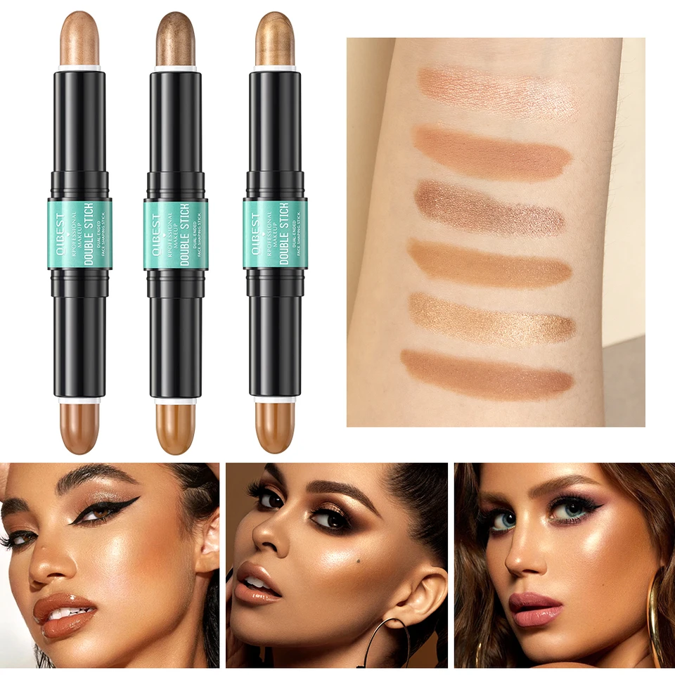 QiBest Double Head Glitter Zvýrazňovacia kontúry 2 v 1 palicový krémový tieňový korektor korektor Contour Peruzka make -up ženy