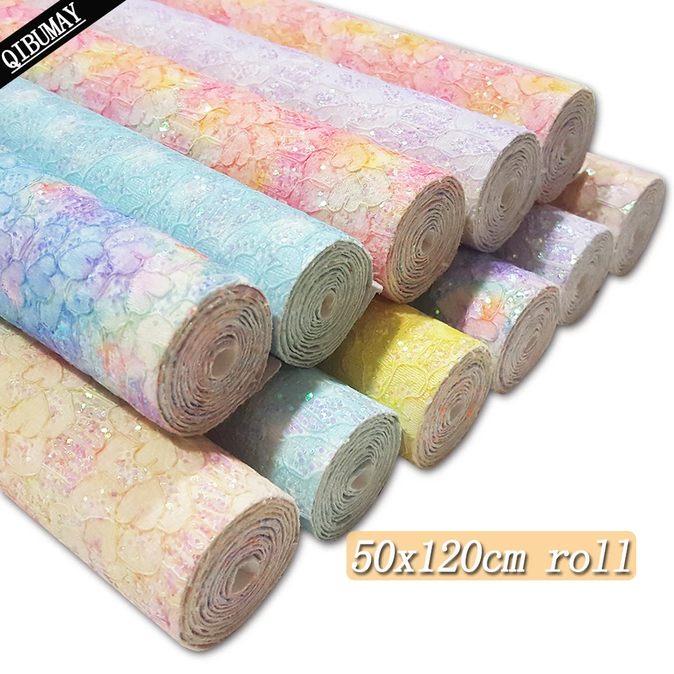 Qibu 50x120cm kvetina chunky glitter tkanina farebná faux koža pri dvore pre tašky remeslá dekorácia DIY vlasové doplnky