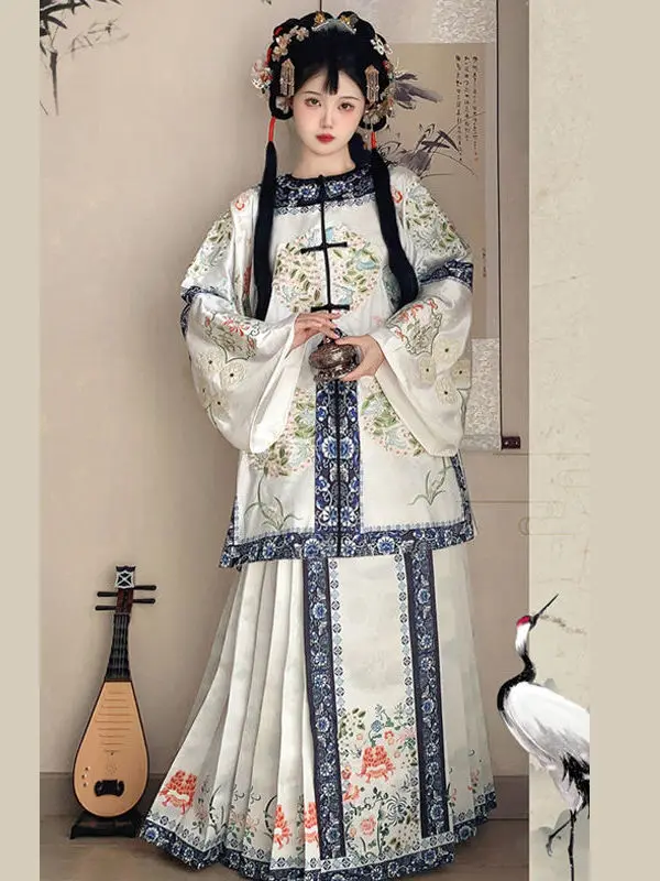 Qing Dynasty kostým saténové okrúhle krk vyšívaný Hanfu bunda sukňou sukňou Ženy Čínske šaty Šaty