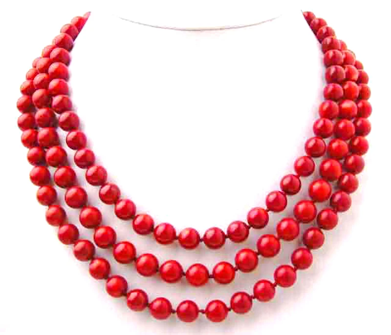 Qingmos Fashion 5 mm Round Natural Red Coral náhrdelník pre ženy Originálne koralové 3 pramene 17-19 