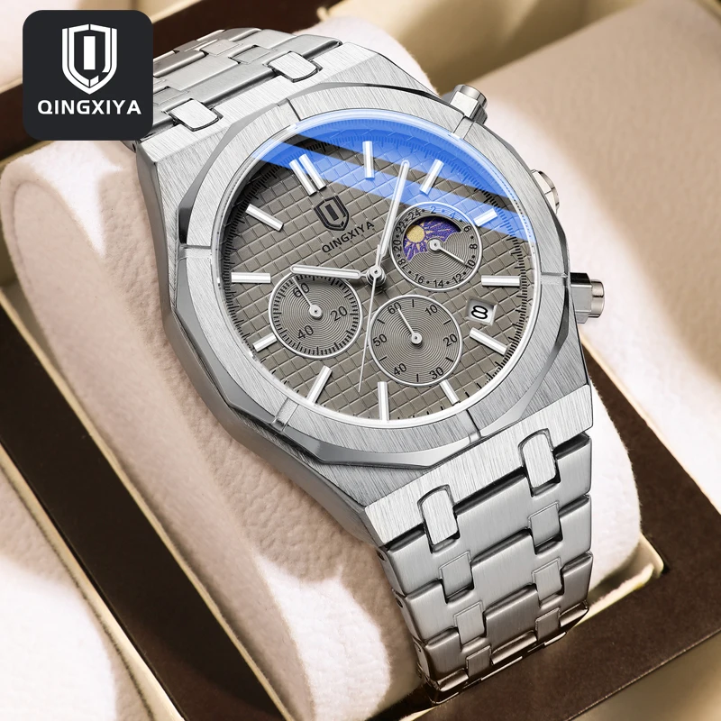 Qingxiya Brand Luxury Moon Moon Fáza Quartz hodinky Men z nehrdzavejúcej ocele vodotesný žiarivý dátum chronografu hodinky relogio maskulino