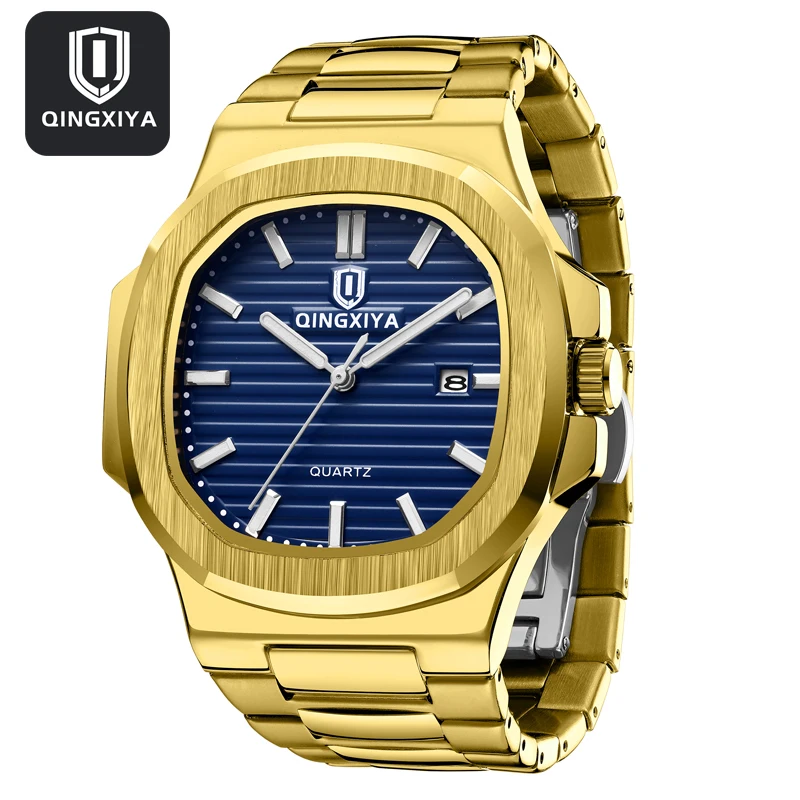 Qingxiya Top Brand Luxury Fashion Square Dial Gold Blue Quartz Watch Castless Calendar Svetlá vodotesná muži hodinky