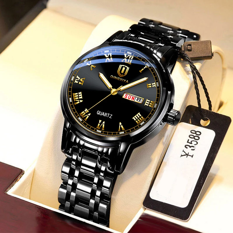 Qingxiya Top Brand Luxury Gold Red Quartz hodinky Men z nehrdzavejúcej ocele Luminárové vodotesné hodinky Týždeň kalendár Business hodinky Men