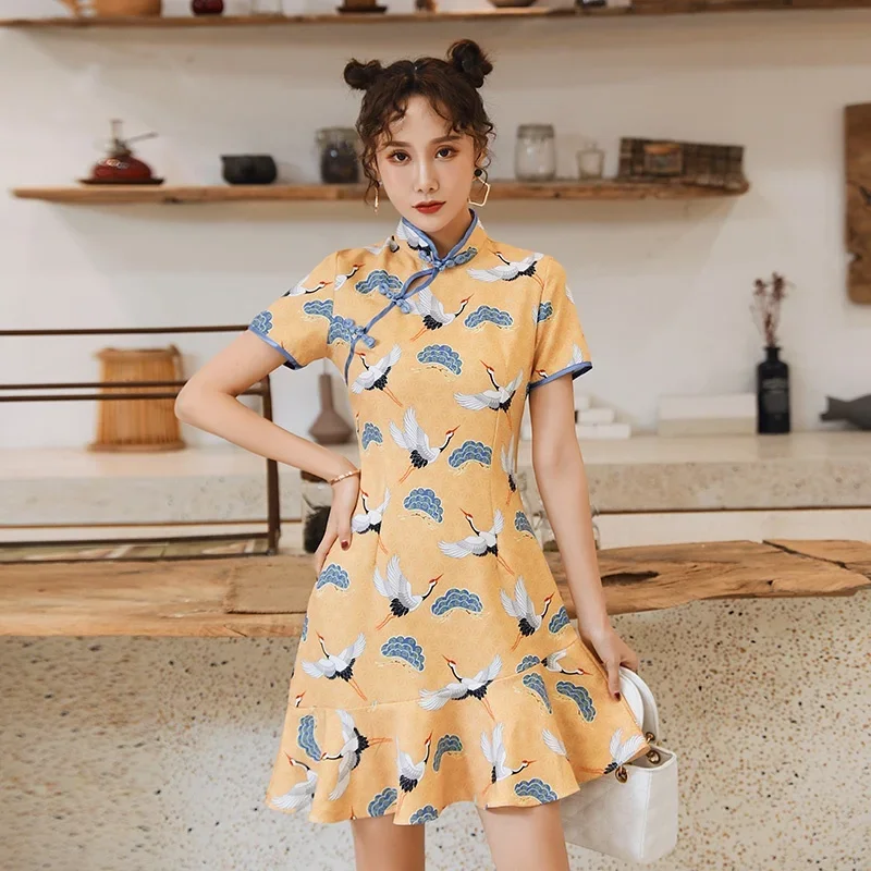 Qipao cheongsam qi PADI čínske šaty Moderné čínske šaty japonský harajuku vintage žeriav tlačený večierok qipao šaty 11529