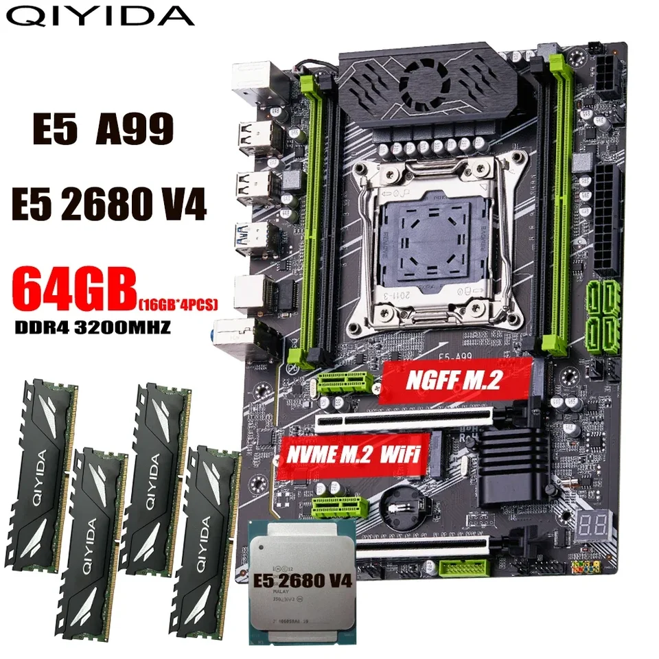 Qiyida X99 Sada základnej dosky LGA2011-3 XEON E5 2680 V4 Kit 4*16 GB = 64 GB 3200MHz 4 kanály DDR4 SATA 3,0 NVME M.2 ATX