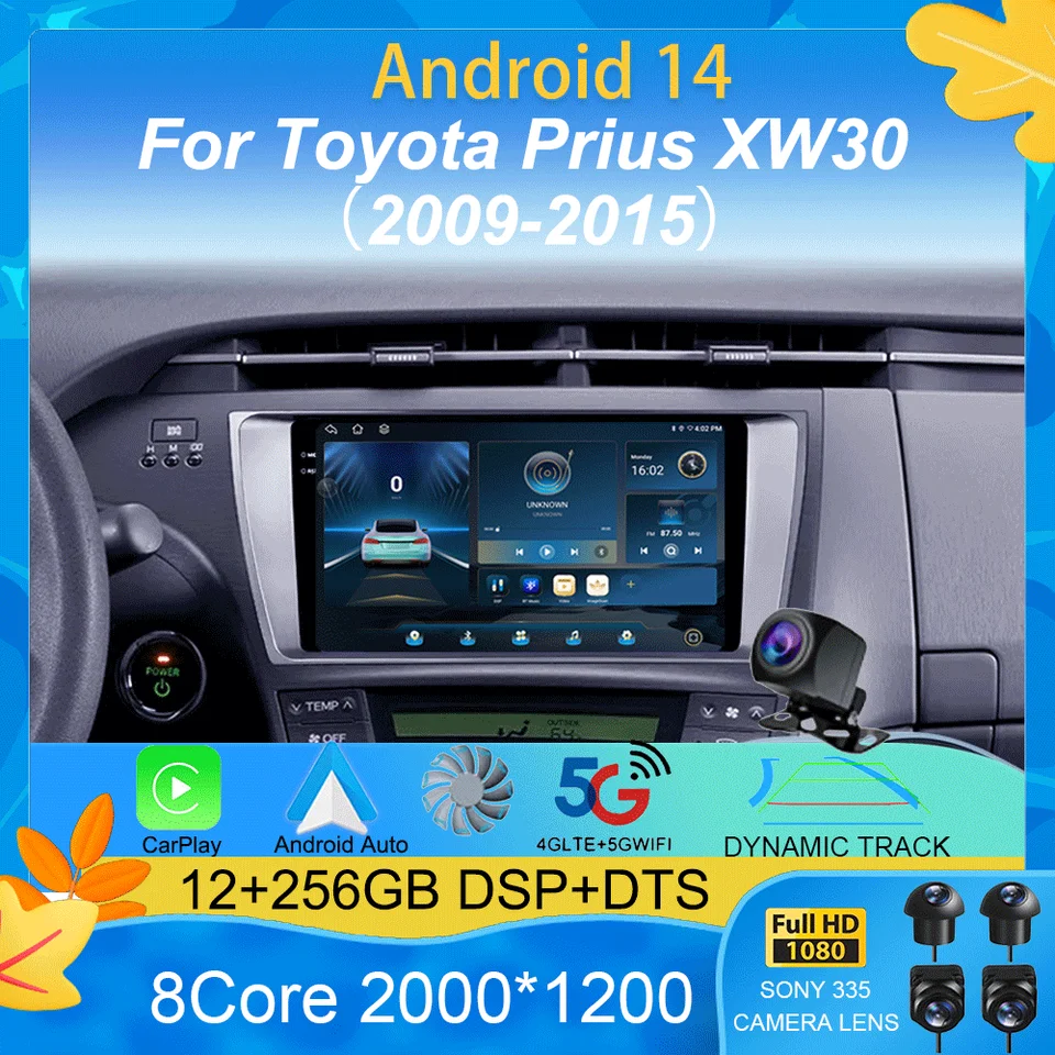 QLED DSP CAR Radio Android 14 pre Toyota Prius XW30 2009 - 2015 Multimedia Video Player GPS Navigation Stereo CarPlay 4G WiFi BT