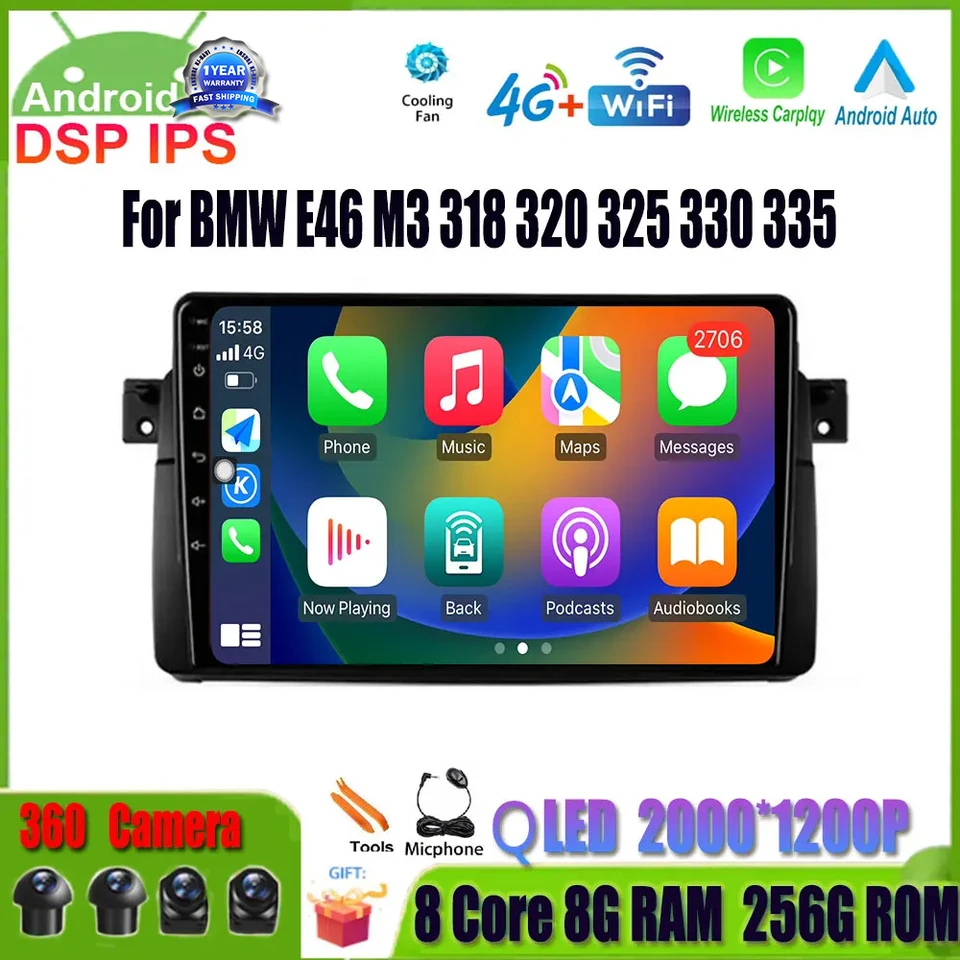 QLED obrazovky Android 14 Auto Radio pre BMW E46 M3 318 320 325 330 335 IPS Car CarPlay Multimedia GPS DSP Autoradio
