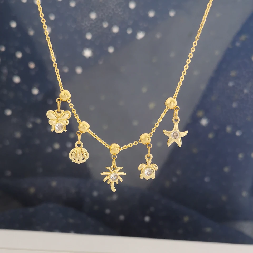 QMHJE DIY Ženy Náhrdelník Choker Slim Chaer včela hviezda škrupina korytnačka zvierací strom Kľúč Klávne Mini kúzla zlatá farba mosadz Custom 43 cm